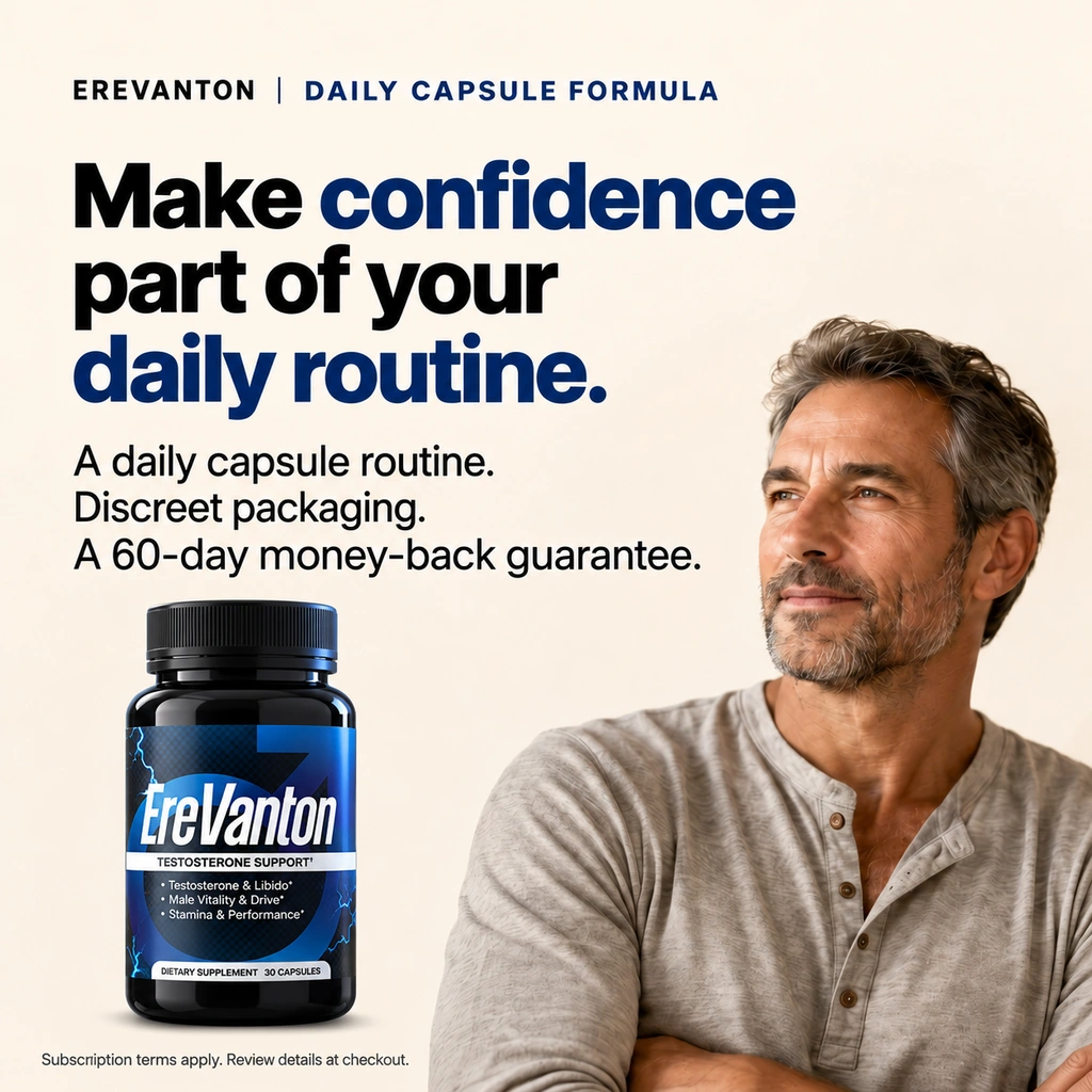 EreVanton daily capsule formula, discreet packaging and 60-day money-back guarantee. Subscription terms apply.